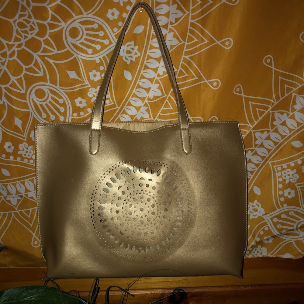 Golden Faux Leather Cutout Wide Tote